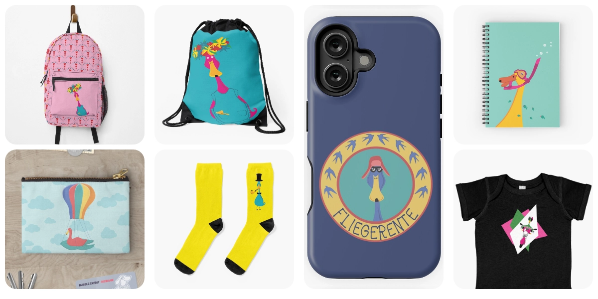Kollage von Redbubble Produkte mit der Laufente