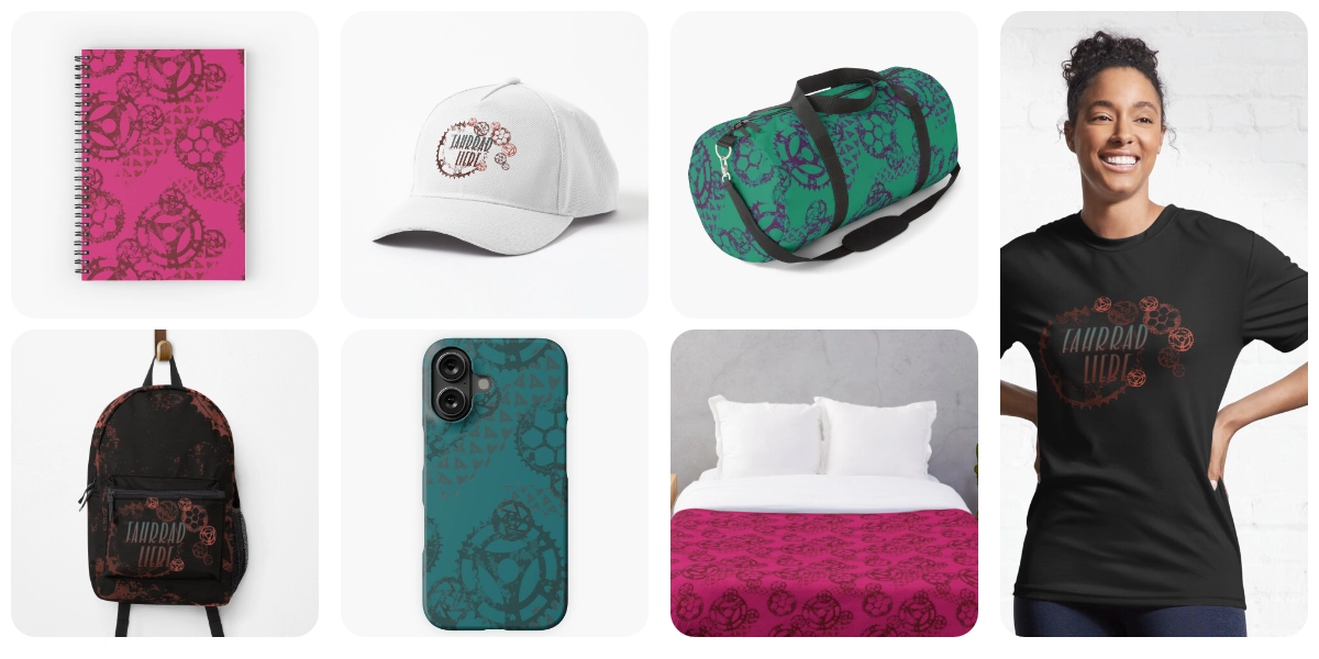 Kollage von Redbubble Produkte mit dem Design aus der Kollektion Fahrradliebe
