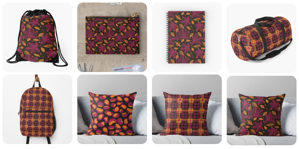 Kollage von Redbubble Produkte mit dem Design aus der Kollektion Kastanienfreude