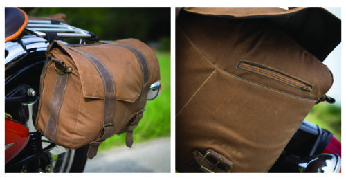 selbst genähte Motorradtasche aus Cordura und Echtleder hängt am Motorrad mit Detail Innnetasche